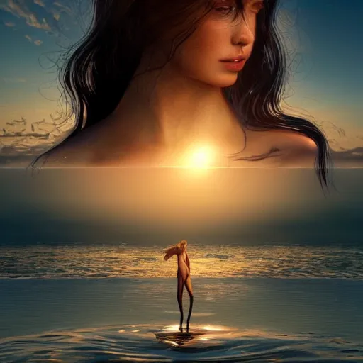 Prompt: alluring portrait woman made of glass emerging out of the ocean at sunset, realistic reflections, translucency, ray tracing, 3 - d render, intricate details, masterpiece, style of timothy hogan