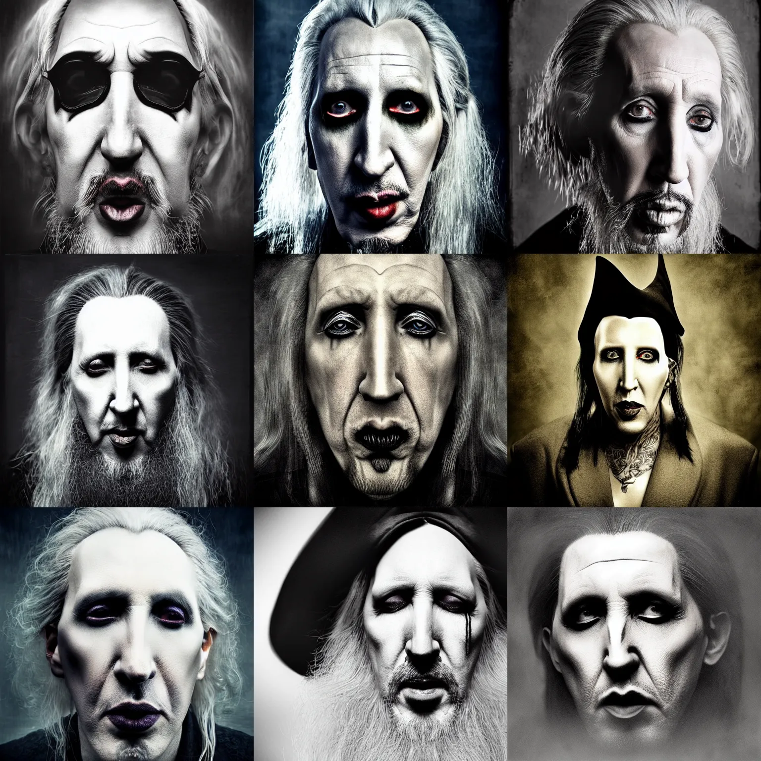 Prompt: portrait photograph of marilyn manson as gandalf by lee jeffries