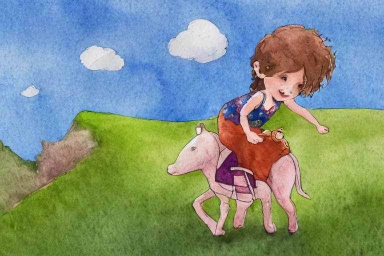 Prompt: Watercolor illustration of a small girl riding on top of an adorable monster's shoulders on a beautiful grassy hill