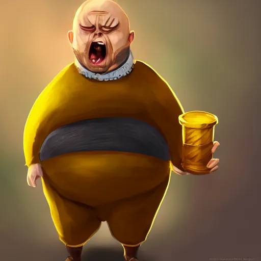 Image similar to bald overweight man wearing a bee costume and softly crying, detailed fanart, rpg art, d&d art, macro art, digital art, DeviantArt, artstation, 8k HD