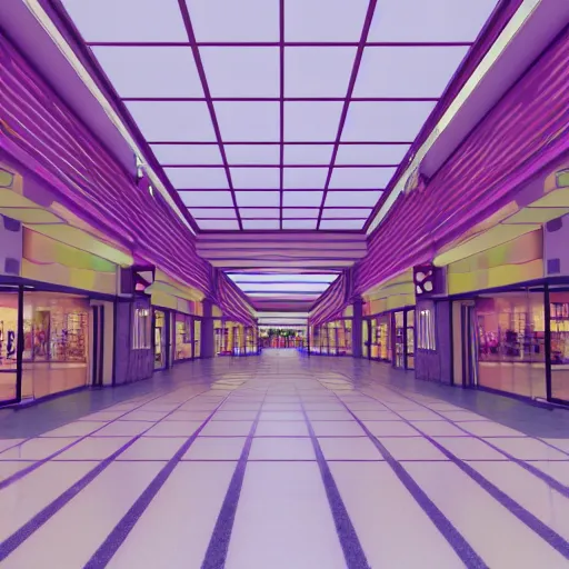 Image similar to vaporwave 9 0 s dreamy empty shopping mall, highly detailed, 3 d render, vray, octane, realistic lighting, photorealistic