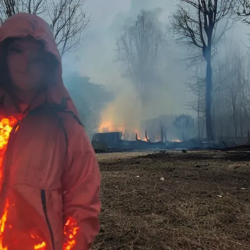 Prompt: a photo of a house burning down in the background and a person with an eerie expression and glowing eyes in the foreground, strong depth of field