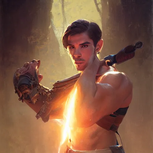 Image similar to handsome portrait of a young guy fitness posing, war hero, radiant light, caustics, sharp focus, breath of the wild, by gaston bussiere, bayard wu, greg rutkowski, giger, maxim verehin