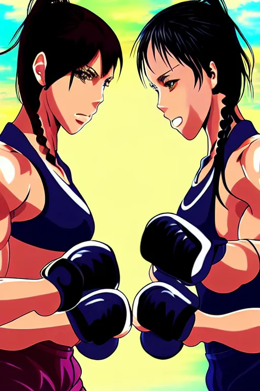 Prompt: two beautiful identical female fighters facing each other in the gym, dimly lit lighting, gorgeous features, high resolution, detailed digital anime art