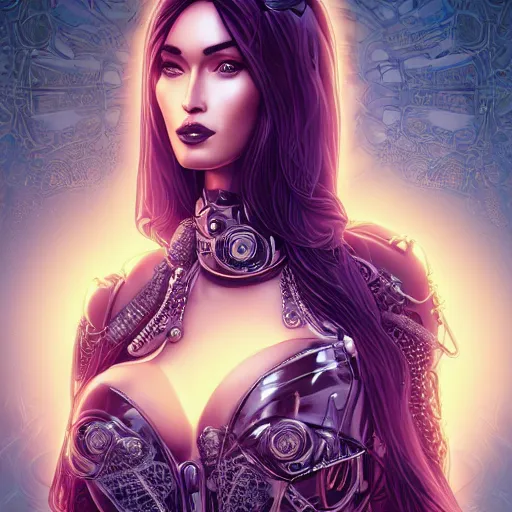 Image similar to the portrait of an elegant, sophisticated, fashionable ottomanpunk robotess idol, an ultrafine illustration of young half asian megan fox mix by kim jisu, intricate linework, neon wiring, fashion, porcelain skin, unreal engine 5 highly rendered, global illumination, radiant light, detailed and intricate environment, by rutkowski, artgerm, marvel comics