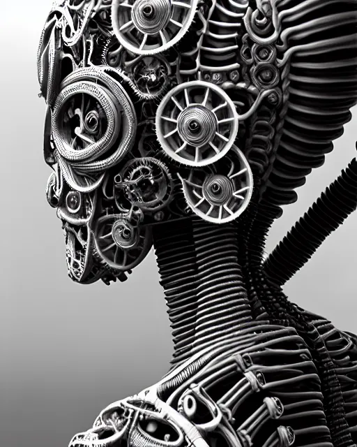 Image similar to mythical black and white organic bio-mechanical spinal ribbed profile face portrait detail of mechanical beautiful female angelic-vegetal-cyborg, highly detailed, intricate steampunk ornate, poetic, 3D render, digital art, octane render, 8K artistic photography, photo-realistic, by Dora Maar