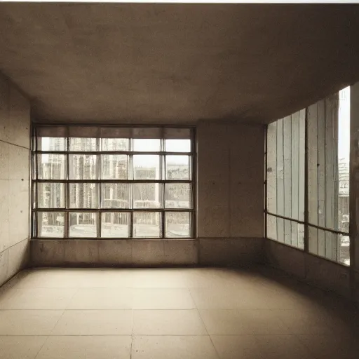 Image similar to eco brutalist interior with high celing and big windows, highly detailed, excellent composition, dramatic lighting, photography, 3 5 mm, kodak film