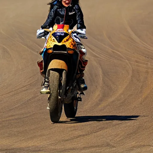 Image similar to girl riding a cheetah on a race track