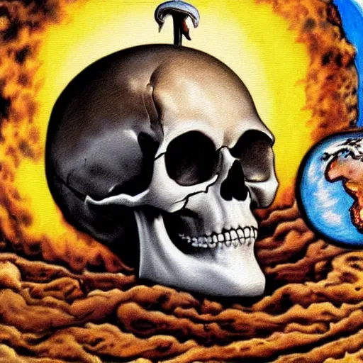 Image similar to ultrarealistic comic painting of a skull face Jesus Christ with the earth sphere in background, drowning into thermonuclear blast mushroom, praying for peace