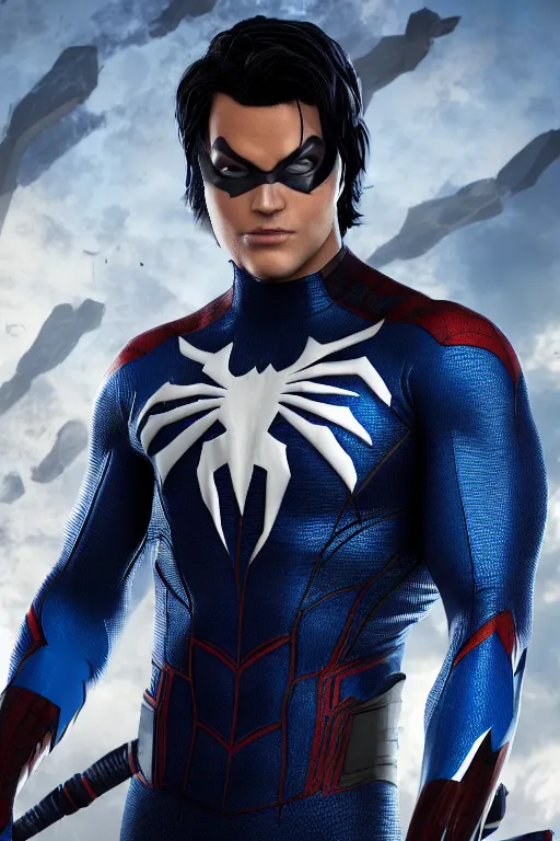 Image similar to characters portrait of Nightwing mixed with Spiderman, full-shot, merged character, 4k, highly detailed, cinematic lighting, photorealistic, 3d render, award winning render, unreal engine, octane render, studio lighting, 8k, hd