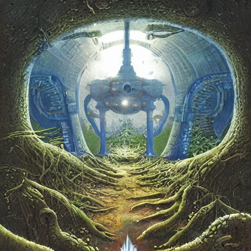 Prompt: overgrown spaceship by rob gonsalves, greg rutkowski, tim white, alex grey