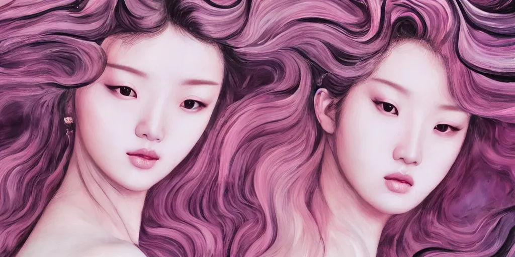 Prompt: a portrait of a very beautiful kpop goddess, seductive look, with hair radiating swirling paint and impasto by botticelli and caravaggio, background is volumetric displacement, paint swirls, hyperreal, dark, dramatic lighting, analogous complementary pink scheme