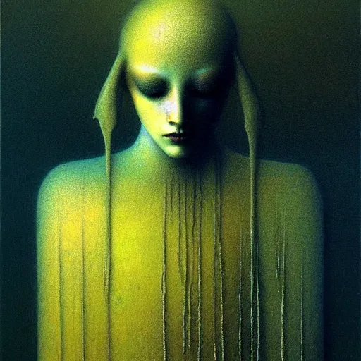 Image similar to portrait of ethereal young crow princess in golden armour by Beksinski