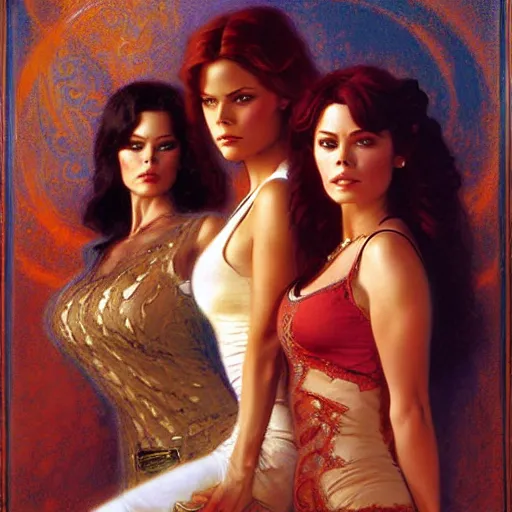 Image similar to the charmed ones tv show, prue, piper, phoebe. highly detailed painting by gaston bussiere, craig mullins, j. c. leyendecker, 8 k