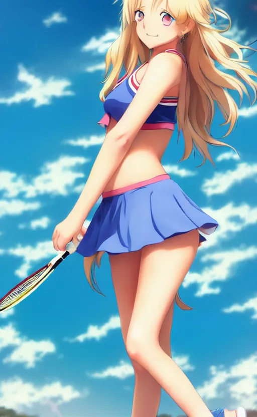 Image similar to a very beautiful young anime tennis girl, full body, head, long wavy blond hair, sky blue eyes, full round face, short smile, bikini, miniskirt, front view, mid - shot, highly detailed, cinematic wallpaper by stanley artgerm lau