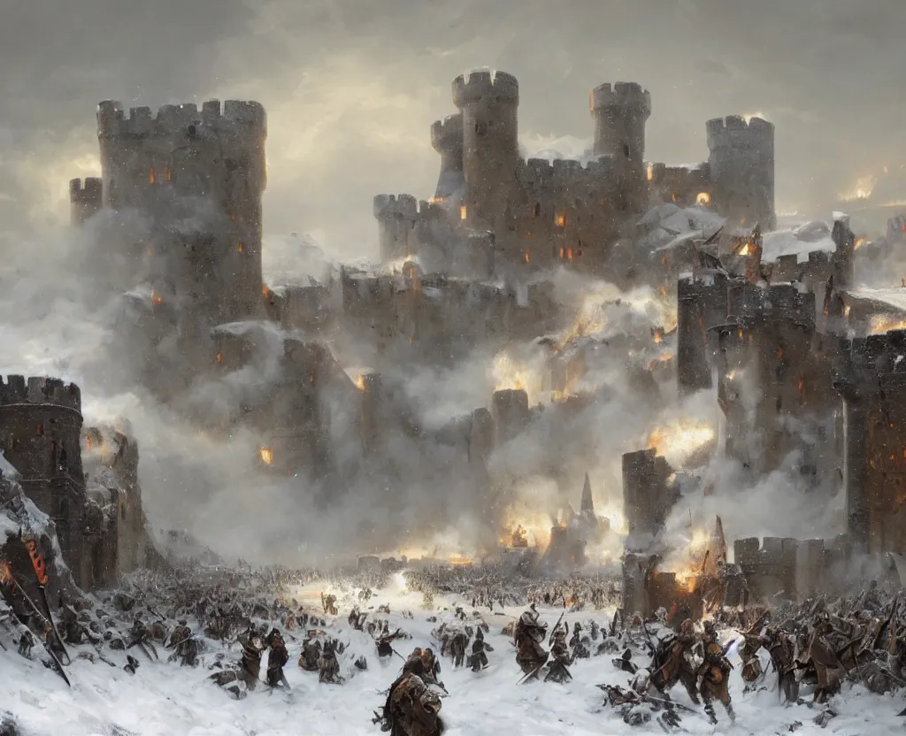 Prompt: Siege of a medieval castle in winter while two great armies face each other fighting below and catapults throw stones at the castle destroying its stone walls, heavy snow storm, fantasy, medieval, fire, explosions and grey smoke here and there, highly detailed, Artstation, oil on canvas painting by greg rutkowski