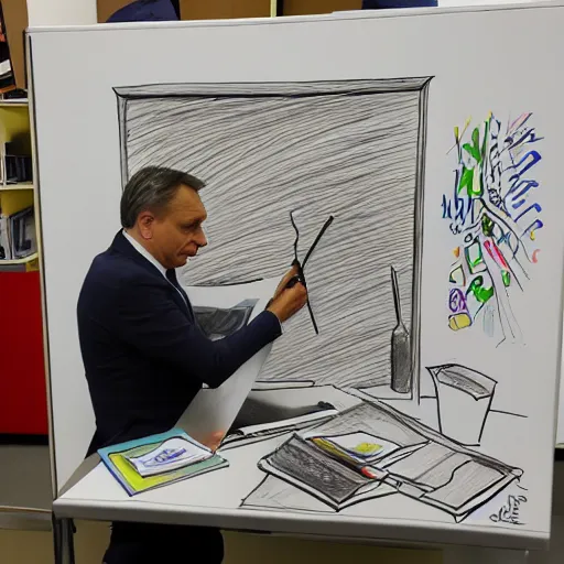 Image similar to viktor orban drawing doodles in a cubicle, oil painting