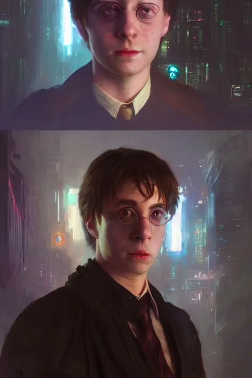 Image similar to portrait of Ron Wisly from harry potter in cyberpunk, neon lighting, night city, digital art from artstation by Ruan Jia and Mandy Jurgens and Artgerm and william-adolphe bouguereau and Greg Rutkowski and Wayne Barlowe