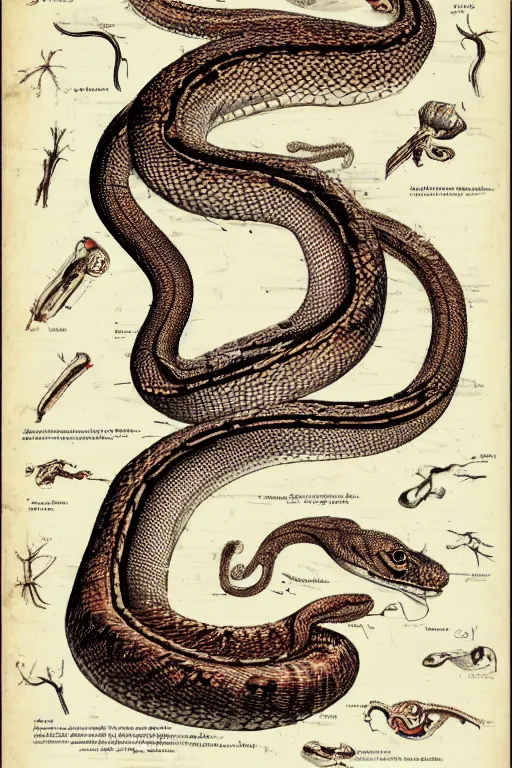 Prompt: anatomical encyclopedia illustration of a snake, photorealistic, diagram, intricate details
