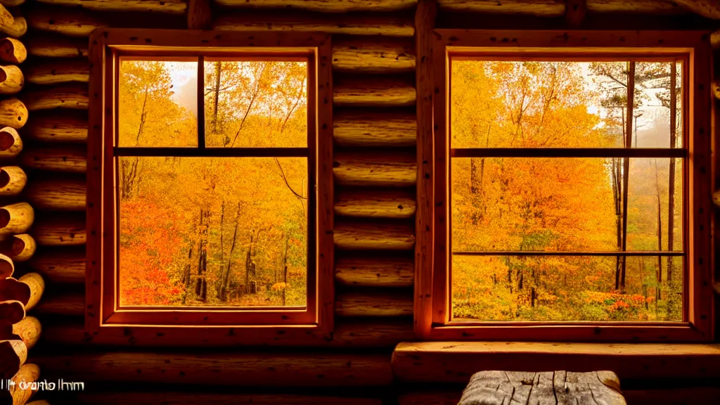 Image similar to inside an old log cabin, the autumn midday light comes in through a window and dimly illuminates the room, softened diffuse light, photorealism, photo taken with canon EOS 5D and 35 mm lens