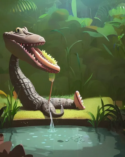 Image similar to a cute alligator brushing his teeth while taking a bath in a well with lush vegetation around, cory loftis, james gilleard, atey ghailan, makoto shinkai, goro fujita, character art, rim light, exquisite lighting, clear focus, very coherent, plain background, soft painting