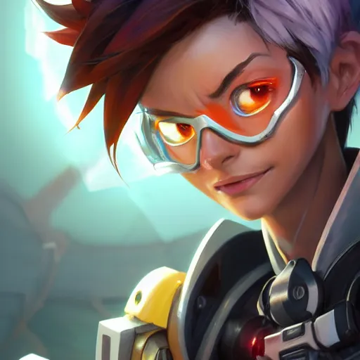 Image similar to highly detailed extreme closeup portrait of tracer from overwatch, in disney, stephen bliss, unreal engine, art by greg rutkowski, loish, rhads, ferdinand knab, makoto shinkai and lois van baarle, ilya kuvshinov, rossdraws, tom bagshaw, global illumination, radiant light, detailed and intricate environment