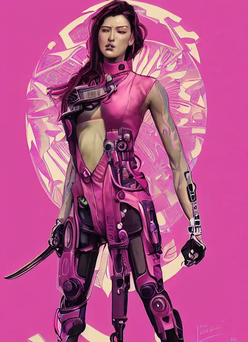 Image similar to beautiful cyberpunk female athlete in pink jumpsuit. lady with blades in arms. ad for cybernetic blade arms. cyberpunk poster by james gurney, azamat khairov, and alphonso mucha. artstationhq. gorgeous face. painting with vivid color, cell shading. ( rb 6 s, cyberpunk 2 0 7 7 )