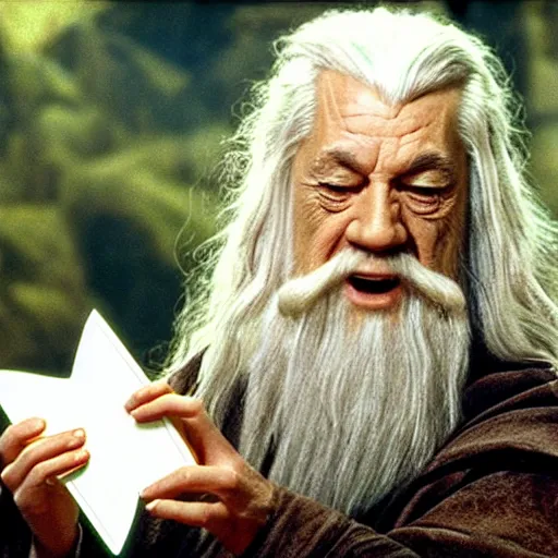 Image similar to portraid of happy gandalf wearing a Hello Kitty costume, holding a blank playing card up to the camera, movie still from the lord of the rings