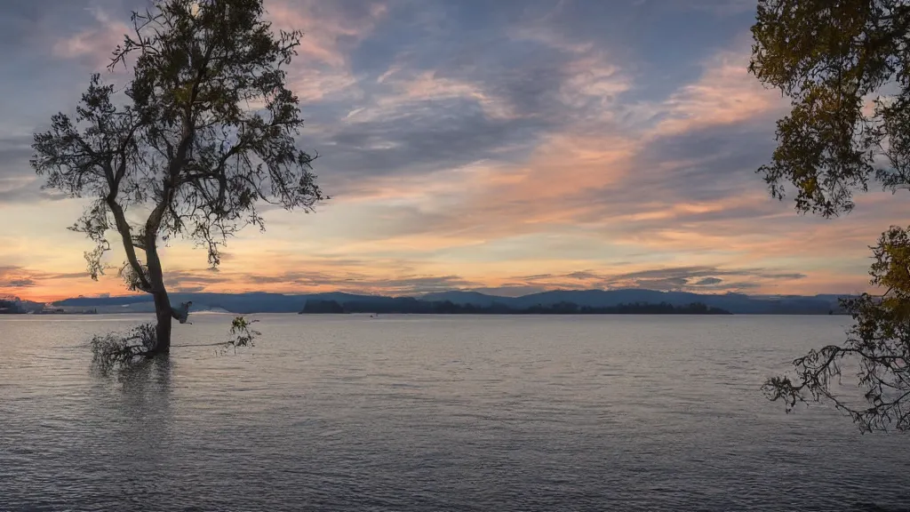 Image similar to tranquil mesmerizing calm lake at sunset detailed, 8k, mesmerizing, low saturation, high resolution