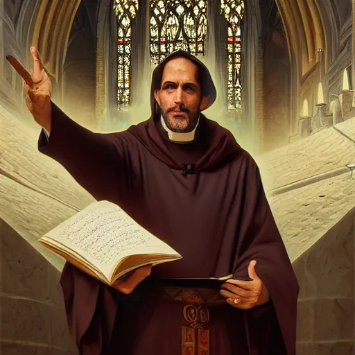 Prompt: a Priest holding up the gospel of Emad in a beautiful cathedral, highly detailed, digital painting, artstation, concept art, smooth, sharp focus, illustration, Unreal Engine 5, 8K, art by artgerm and greg rutkowski and alphonse mucha