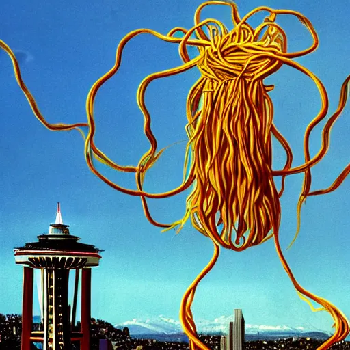 Prompt: !dream a cinematic scene of the giant smiling flying spaghetti monster going over 1969 seattle,