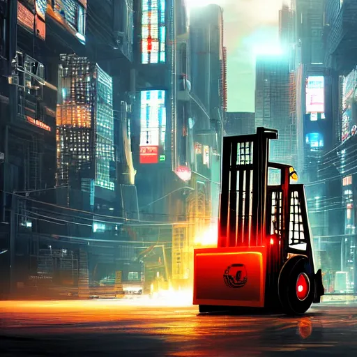 Image similar to Beatiful cyberpunk photograph of a forklift driving down a cyberpunk city