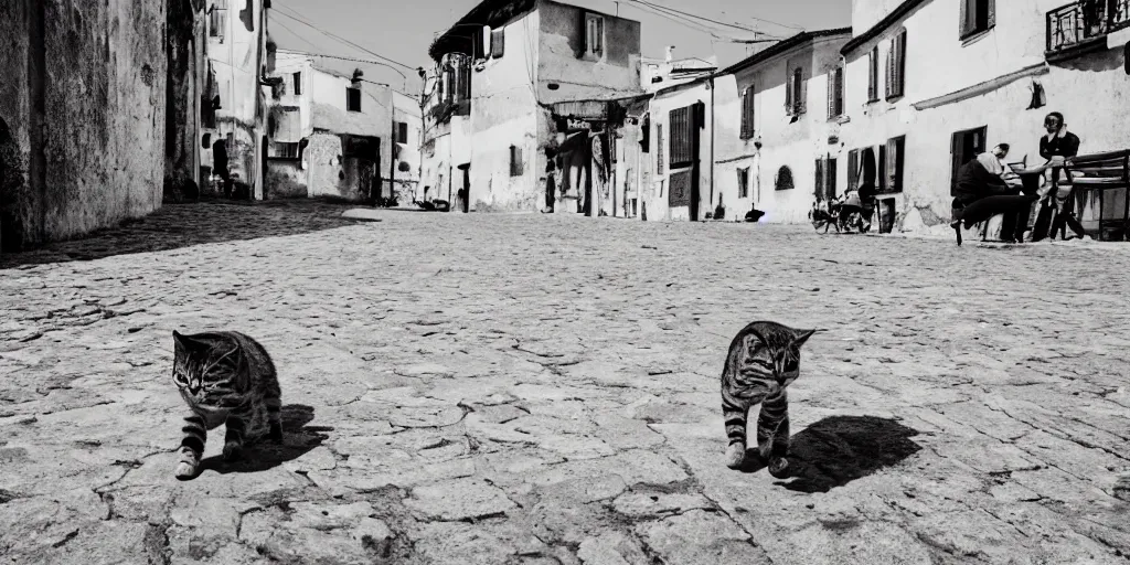 Image similar to photography of a cat running away with mortadella in his mouth at trullo houses town in the background, photoreal, 3 5 mm, award winning photography