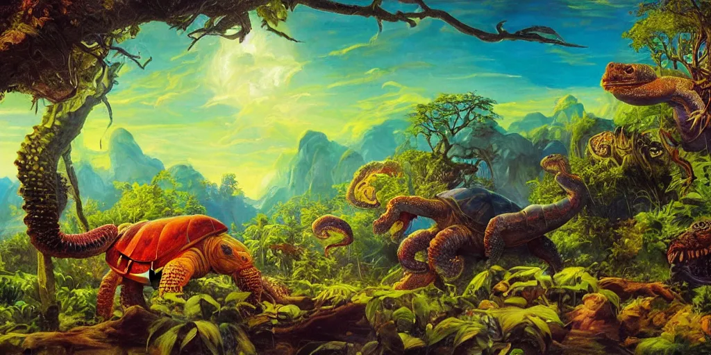 Image similar to fantasy oil painting, great leviathan, turtle cephalopod terrapin reptilian pachyderm amphibian hybrid, epic natural light, lush plants flowers, rainforest mountains, bright clouds, luminous sky, outer worlds, dynamic lighting, michael cheval, edward hopper, michael whelan, vray, 8 k hd