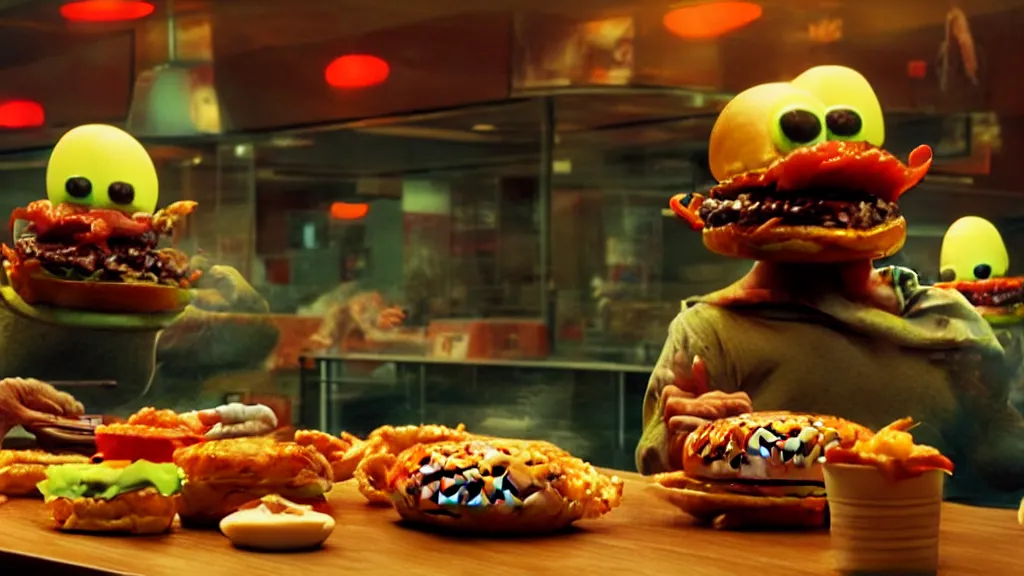 Prompt: the strange cheeseburger creature at the fast food place, film still from the movie directed by denis villeneuve and david cronenberg with art direction by salvador dali and zdzisław beksinski, wide lens