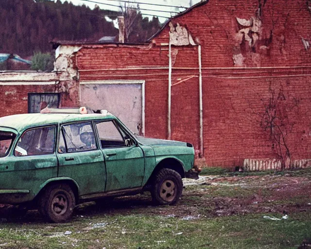 Image similar to a lomographic photo of old lada 2 1 0 7 standing in typical soviet yard in small town, hrushevka on background, cinestill, bokeh