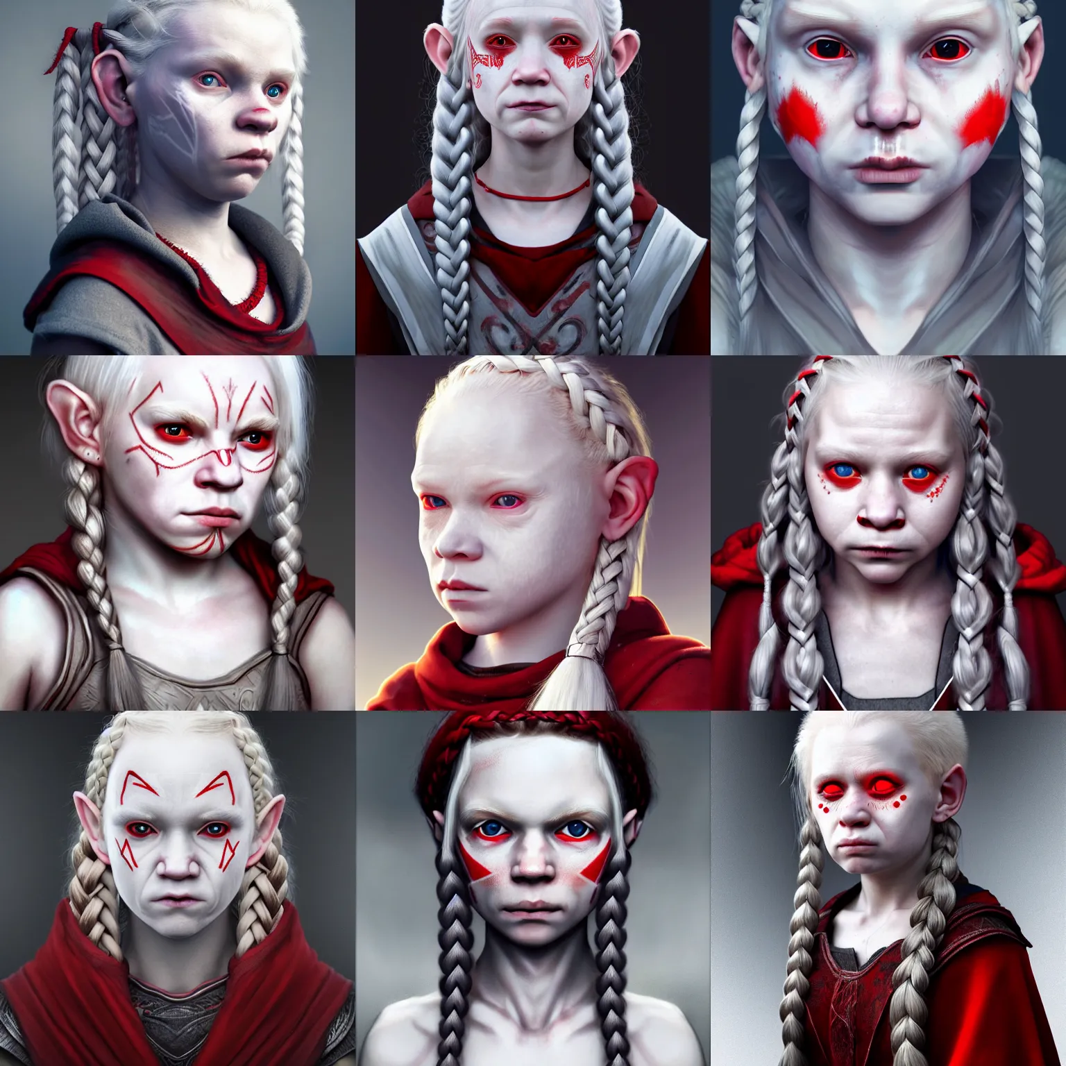 Prompt: realistic portrait of a young albino female halfling with red! eyes and white! braided hair and a grey! cloak and geometric facial tattoos, haunted and sad expression, artstation, cinematic lighting, hyper - detailed 8 k, digital art