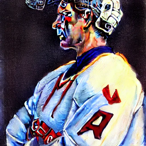 Image similar to beautiful portrait of hockey coach Clint Malarchuk, fantasy, intricate, elegant, highly detailed, digital painting, artstation, concept art, smooth, sharp focus, luxury fashion illustration, art by artgerm and greg rutkowski and alphonse mucha, brightly lit cinematic soft lighting, photorealistic