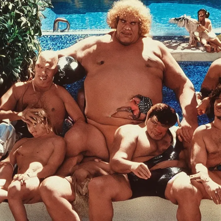 Image similar to andre the giant wearing a sequin speedo sitting by the pool with a goat and genghis khan from the movie bill & ted's excellent pool party, movie still, 8 k, realistic, highly detailed, art by todd mcfarlane, artgerm, greg rutkowski, alphonse mucha