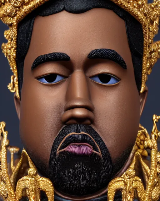 Image similar to highly detailed closeup, face profile portrait of a tin toy kanye west as a fairytale king wearing a crown and sitting on a throne, robes, depth of field, nicoletta ceccoli, mark ryden, lostfish, max fleischer, breathtaking, detailed and intricate environment, 8 k resolution, hyperrealistic, octane render