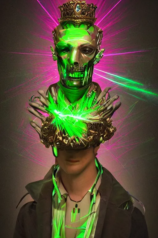 Image similar to full-body sculpture of a young handsome Spanish prince as a half cibernetic android with a glowing green diamong in his chest, pink laser beams coming out of his eyes, crown of giant jewels, flowing neon-colored silk, human skull mask, geometric shapes in a cyperbunk and baroque style. intricate artwork by caravaggio. Trending on artstation, octane render, cinematic lighting from the right, hyper realism, octane render, 8k, depth of field, 3D