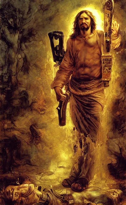 Prompt: jesus christ holding a chainsaw, jesus christ brandishing a chainsaw, jesus christ texas chainsaw, digital painting, 4 k wallpaper, by hayao miyazaki, kentaro miura, by rembrandt, by moebius, by michelangelo, by frank frazetta, beautiful, holy, gorgeous, biblical, masterpiece