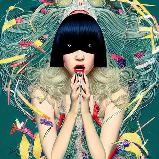 Image similar to portrait of crazy screaming beautiful singer sia kate isobelle furler, big ribbon, ymmetrical, by yoichi hatakenaka, masamune shirow, josan gonzales and dan mumford, ayami kojima, takato yamamoto, barclay shaw, karol bak, yukito kishiro