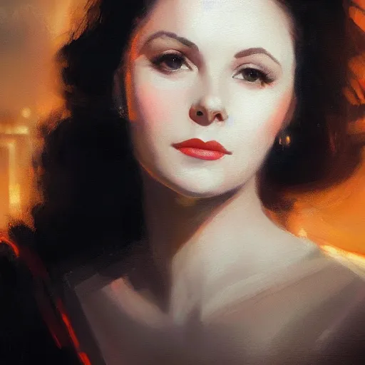 Image similar to closeup portrait of a young vivian leigh, seductive smile, chiaroscuro, city background, golden hour, dramatic lighting, warm cold contrast, high detail, painted by greg rutkowski, painted by igor kieryluk, trending on artstation