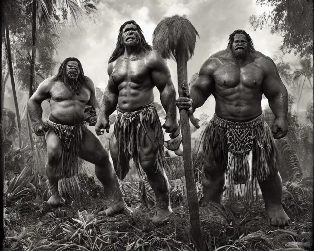 Image similar to hyper realistic group vintage photograph of a live action warcraft orc warrior tribe in the jungle, tall, hulk like physique, detailed faces, tribal paint, tribal armor, grain, old, monochrome, sepia toned, realistic lighting, wide angle