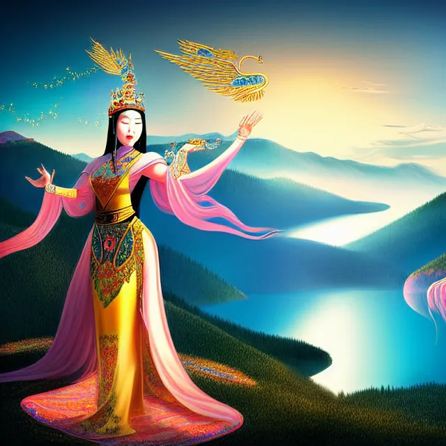 Prompt: beautiful asian mongolian princess goddess spreading its wings, princess wearing a beautiful ornate crown, in the background lake baikal is seen, atmospheric lighting, intricate, volumetric lighting, beautiful, sharp focus, ultra detailed, in the art style of bagshaw tom