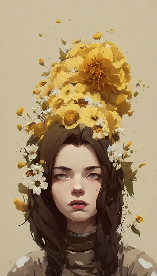 Image similar to cottagecore hyper - realistic portrait of a woman, flowers, by atey ghailan, by greg rutkowski, by greg tocchini, by james gilleard, by joe fenton, by kaethe butcher, dynamic lighting, gradient light yellow, brown, blonde cream and white color scheme, grunge aesthetic