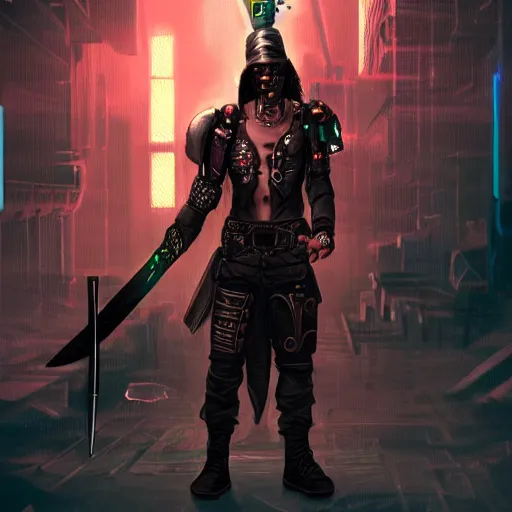Prompt: cyberpunk warrior with fantasy sword