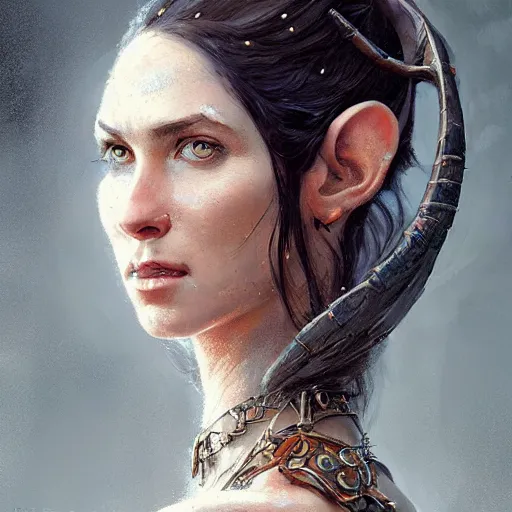 Image similar to portrait of an elven woman with small copper horns and copper scales covering her arm and neck, by greg rutkowski, trending on artstation, dungeon and dragons art