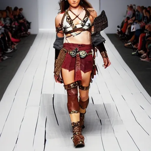 Prompt: barbarian woman fashion runway